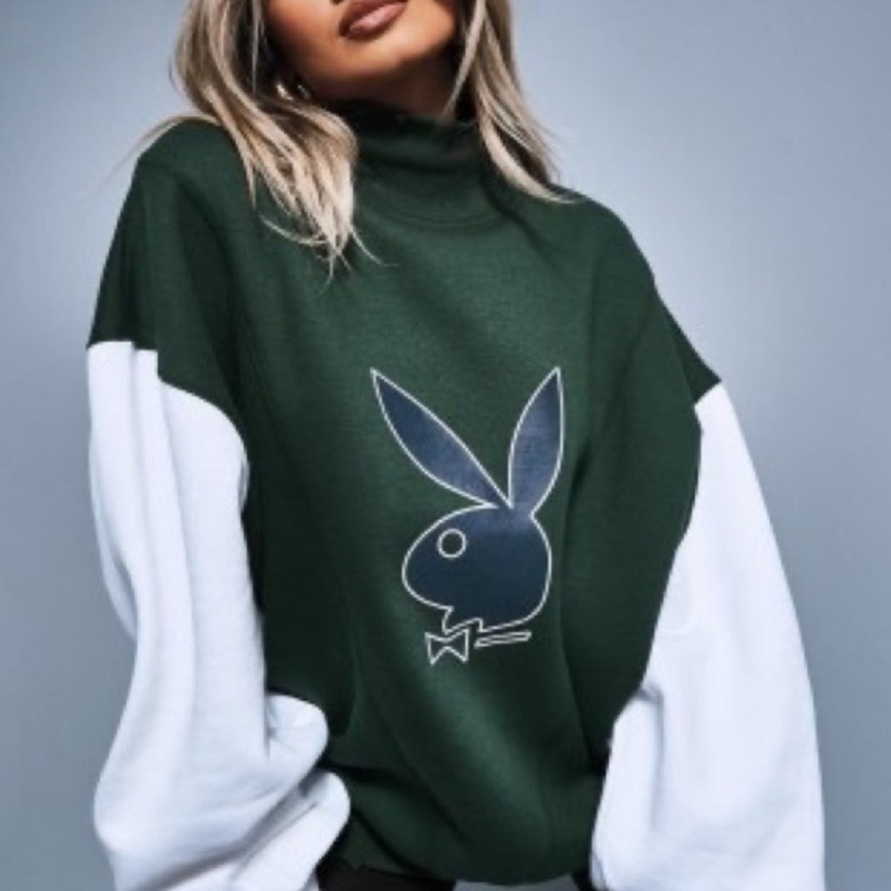 PLAYBOY X MISGUIDED Hunter Green and White Logo Sweater